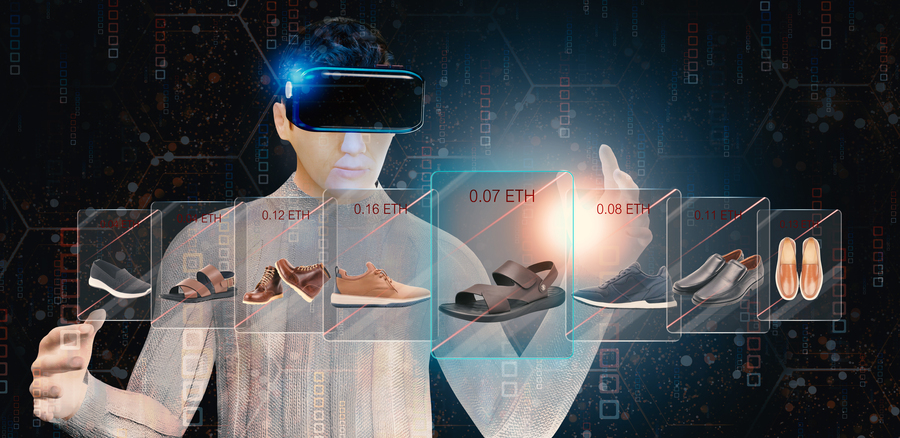 A man wearing virtual reality glasses explores a virtual shopping experience for shoes. Immersed in the digital realm, he examines a personalized selection of footwear displayed in vivid detail. Gesturing and interacting with the virtual interface, he contemplates his choices in an engaging and futuristic shopping environment.