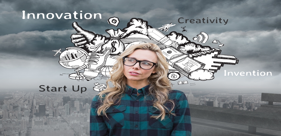 Digital composition of thoughtful woman in spectacles with various text and icon against cityscape and cloudy sky in background