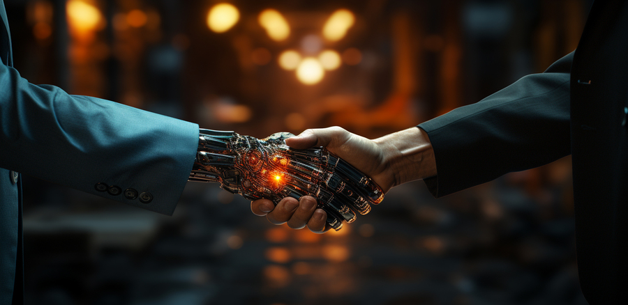 Digital robot handshake human hand. Generative Ai