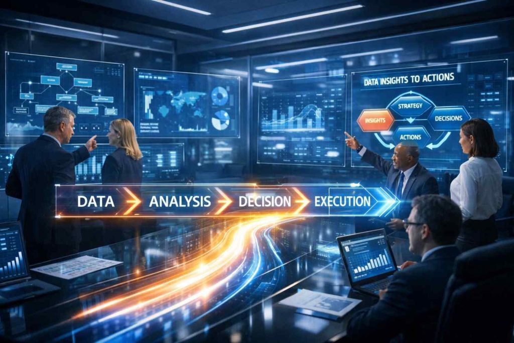 Futuristic corporate strategy in action