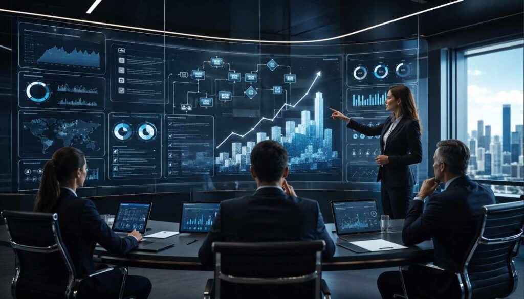 Corporate strategy session in high-tech command center
