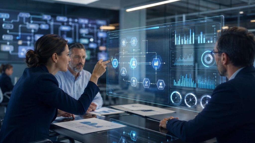 Futuristic office meeting with holograms