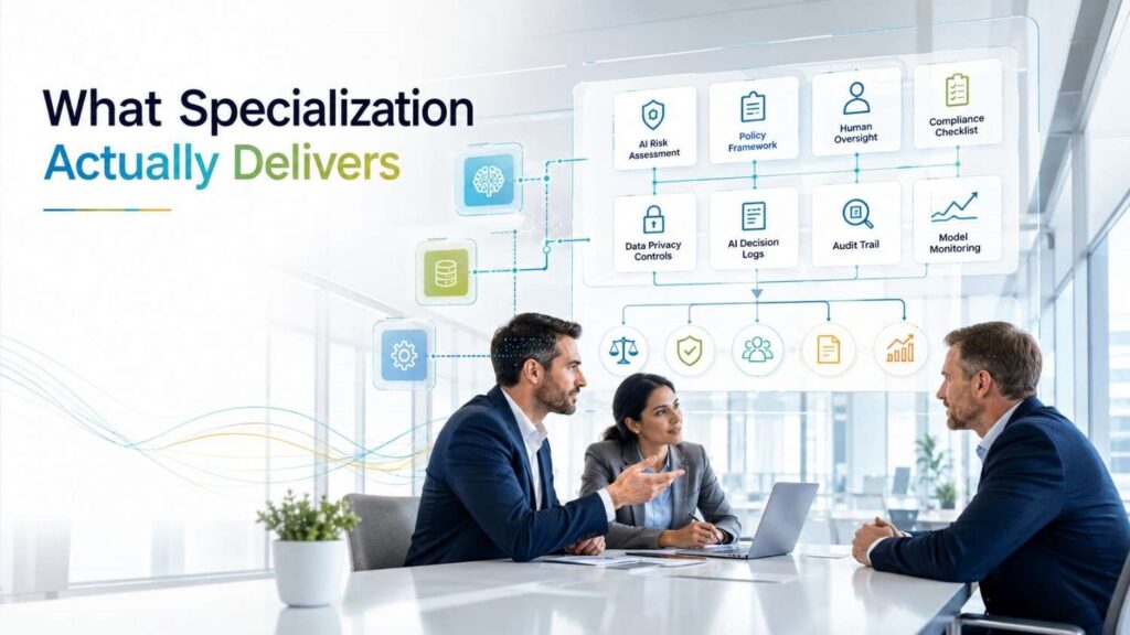 Corporate strategy discussion with futuristic dashboard