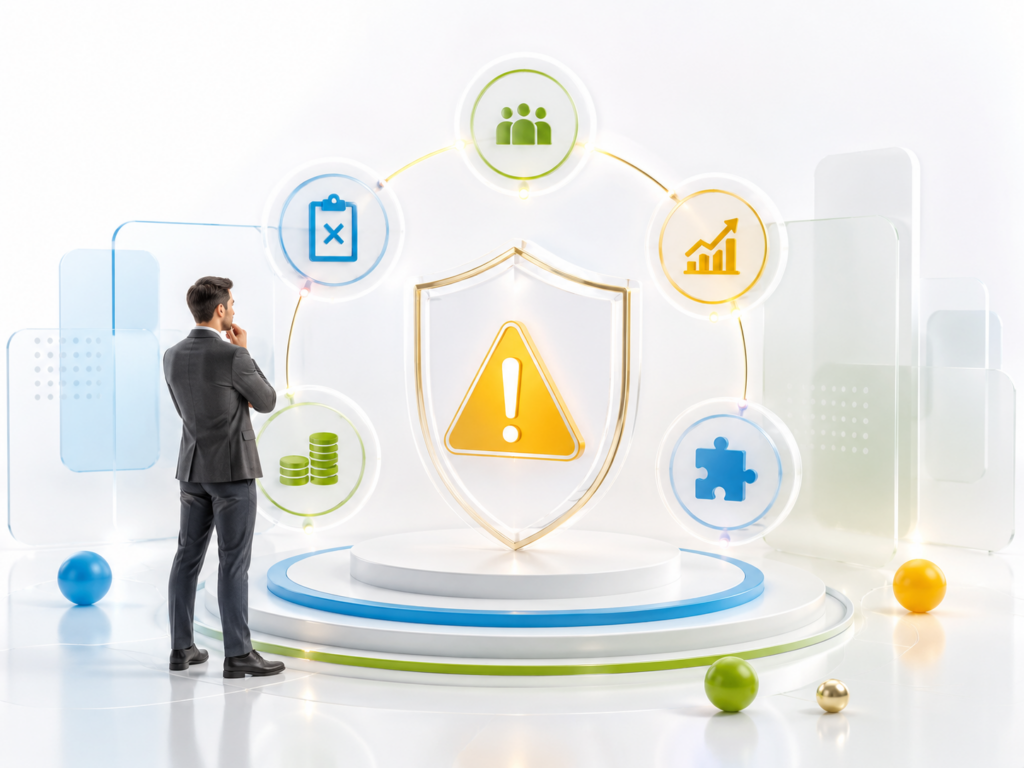 3D illustration of a business professional evaluating risk before adopting AI native development, with a central warning shield surrounded by interconnected business, cost, growth, team, and planning icons on a clean white background with glassmorphism elements and corporate blue, green, gold, and charcoal accents.